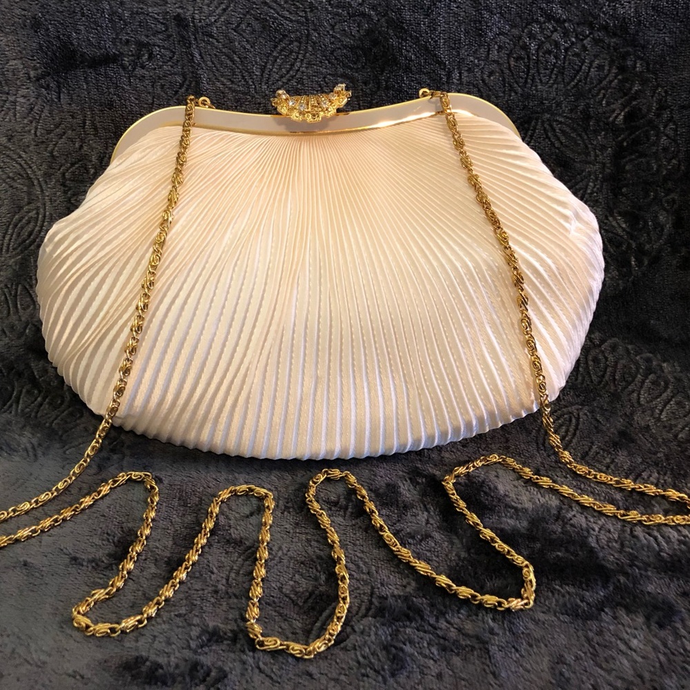 Vintage cream pleated satin bag w/ crystal clasp